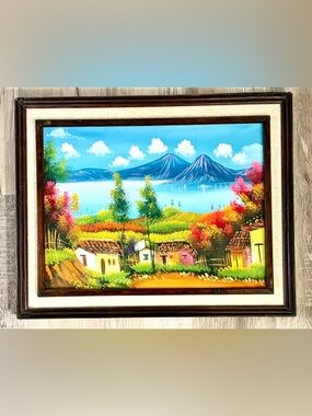 Vtg Guatemala Folk Art Oil Painting Lake Atitlan Lace Border Wood Frame 16”x20”